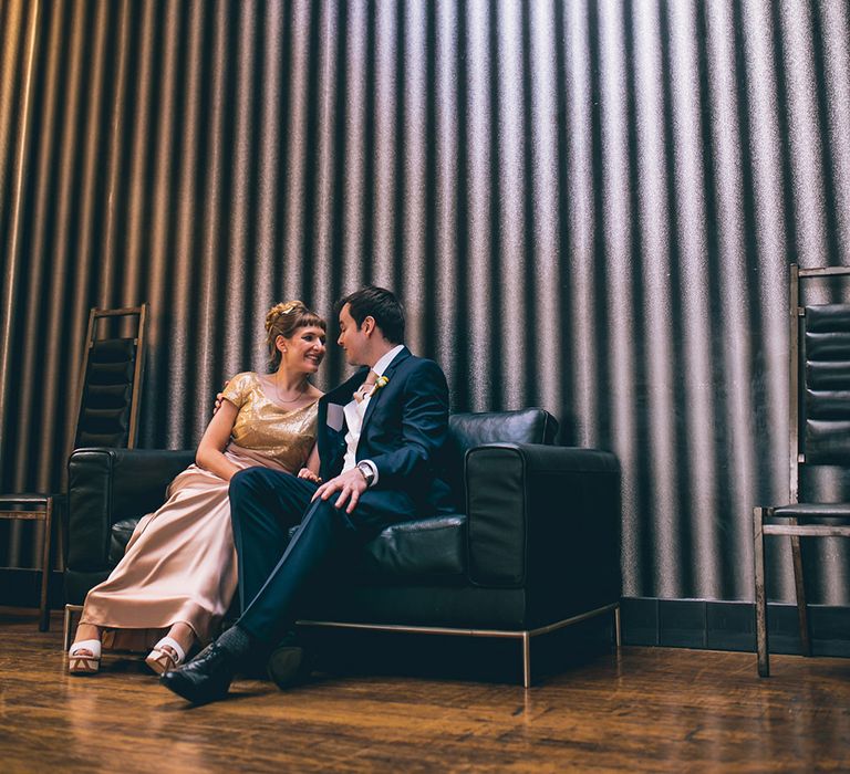 Bride in Bespoke Gold Gown & Groom in Moss Bros Hire Suit