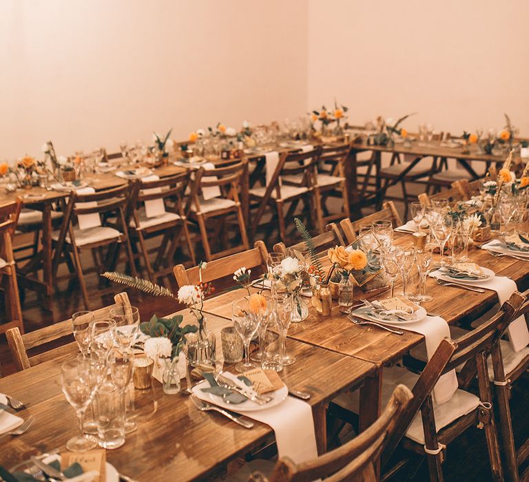 Rustic Trestle Tables with Industrial Lighting, Geometric Terrarium Decor & Autumnal Blooms