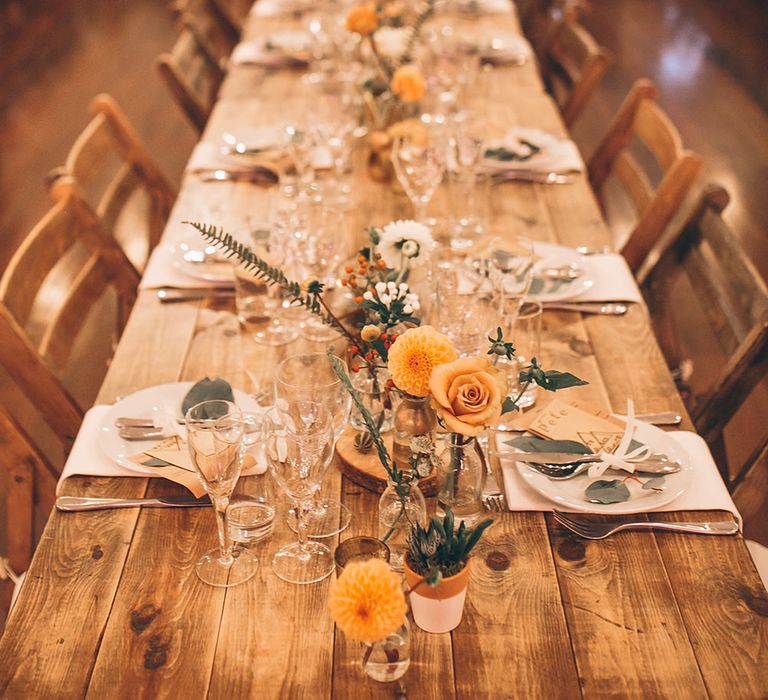 Rustic Trestle Tables with Industrial Lighting, Geometric Terrarium Decor & Autumnal Blooms