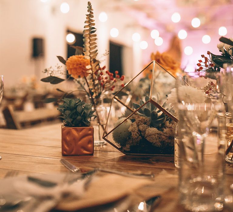 Rustic Trestle Tables with Industrial Lighting, Geometric Terrarium Decor & Autumnal Blooms