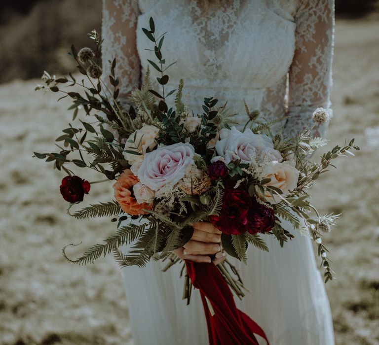 Wild Bouquet With Roses And Burgandy Ribbon