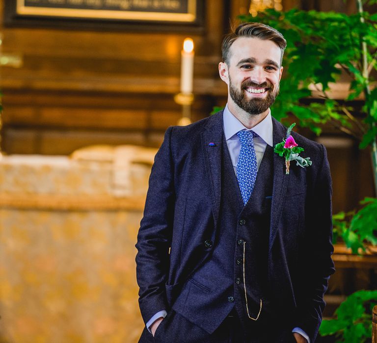 Groom in Navy Suit | Bright At Home Tipi Wedding | Barney Walters Photography