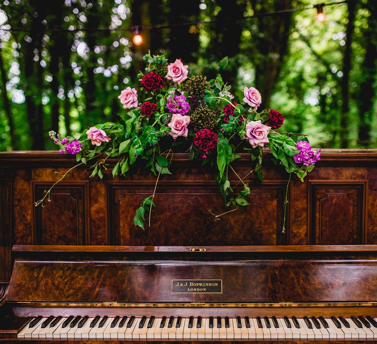 Piano & Flowers Wedding Decor | Bright At Home Tipi Wedding | Barney Walters Photography