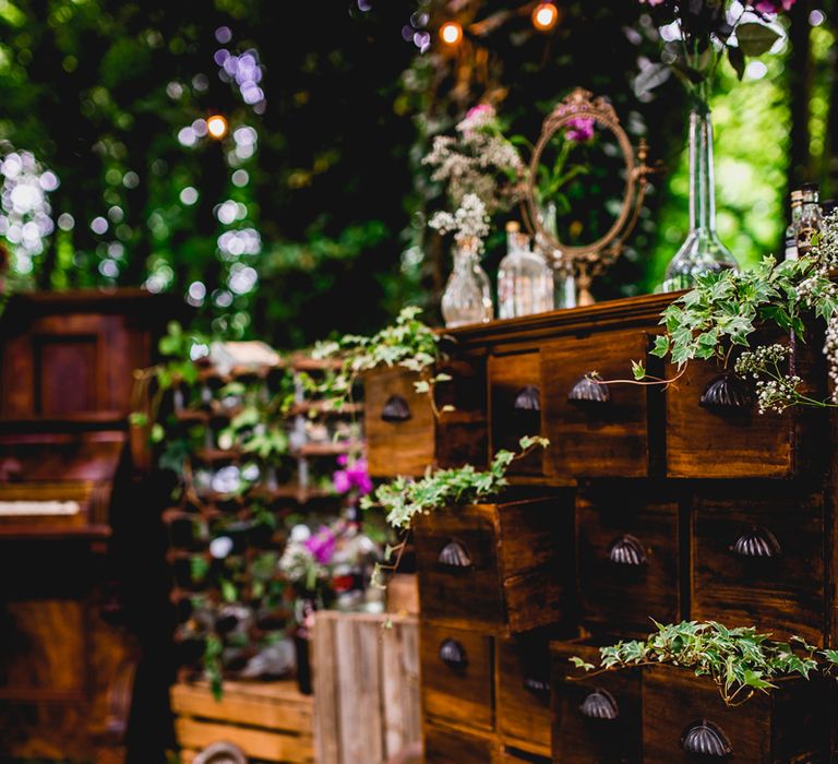 Wooden Draws Wedding Decor | Bright At Home Tipi Wedding | Barney Walters Photography