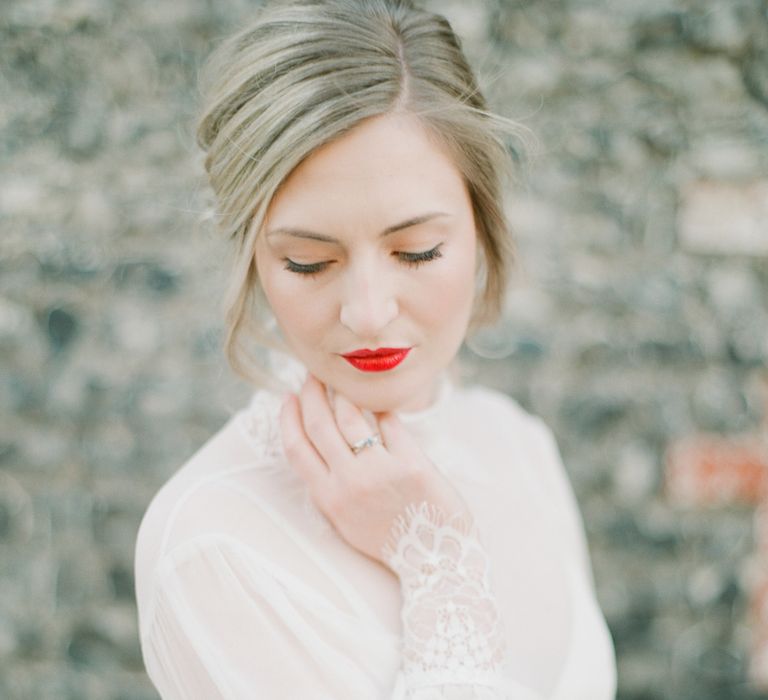 Beautiful Bride With Bright Red Lip And Soft Up Do