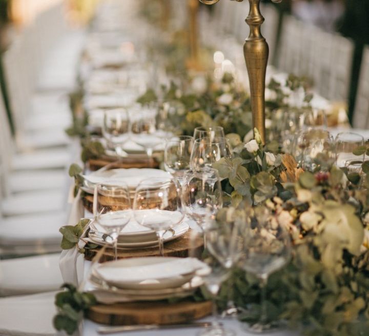 Romantic Outdoor Destination Wedding Umbria With White Linen, Foliage And Gold Accents With Bride In Bespoke Lace Dress And Images From Andrea & Federica