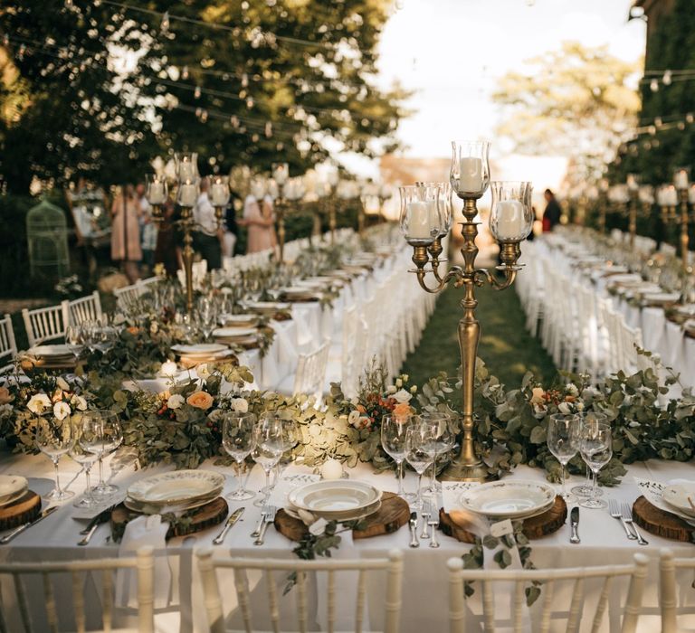 Romantic Outdoor Destination Wedding Umbria With White Linen, Foliage And Gold Accents With Bride In Bespoke Lace Dress And Images From Andrea & Federica