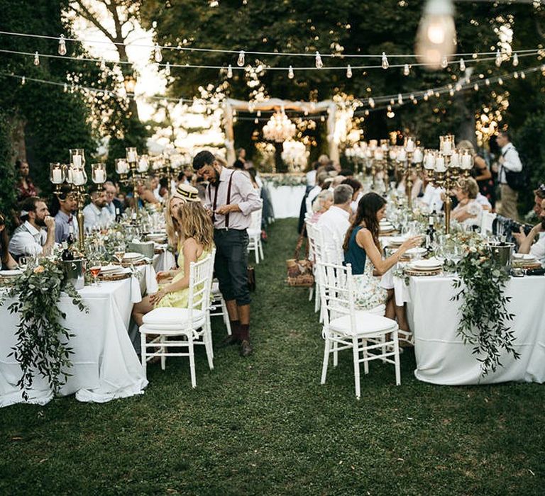 Romantic Outdoor Destination Wedding Umbria With White Linen, Foliage And Gold Accents With Bride In Bespoke Lace Dress And Images From Andrea & Federica