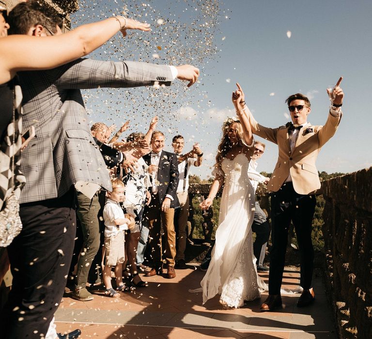 Romantic Outdoor Destination Wedding Umbria With White Linen, Foliage And Gold Accents With Bride In Bespoke Lace Dress And Images From Andrea & Federica