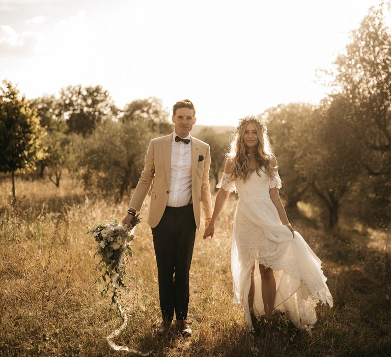 Romantic Outdoor Destination Wedding Umbria With White Linen, Foliage And Gold Accents With Bride In Bespoke Lace Dress And Images From Andrea & Federica