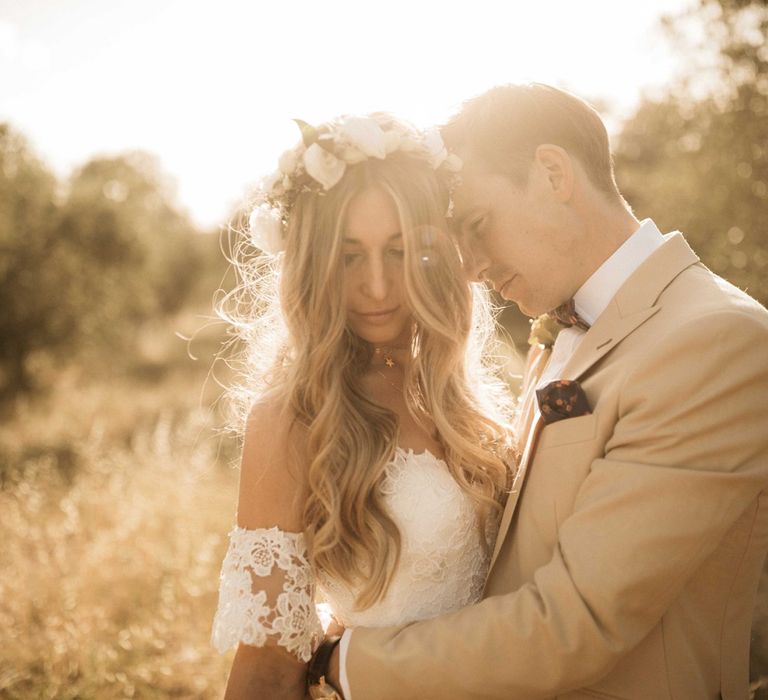 Romantic Outdoor Destination Wedding Umbria With White Linen, Foliage And Gold Accents With Bride In Bespoke Lace Dress And Images From Andrea & Federica