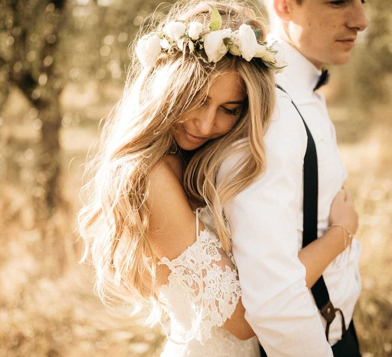 Romantic Outdoor Destination Wedding Umbria With White Linen, Foliage And Gold Accents With Bride In Bespoke Lace Dress And Images From Andrea & Federica