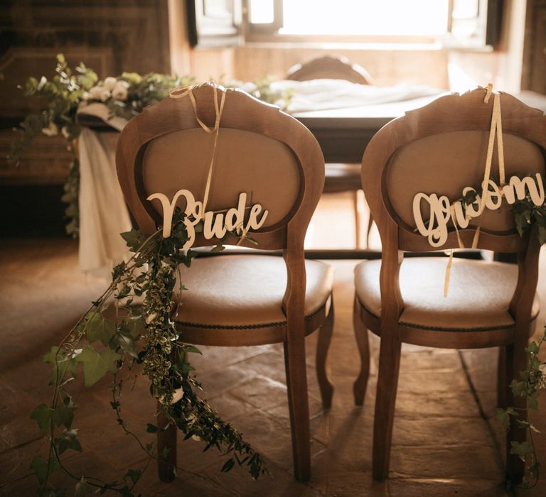 Romantic Outdoor Destination Wedding Umbria With White Linen, Foliage And Gold Accents With Bride In Bespoke Lace Dress And Images From Andrea & Federica