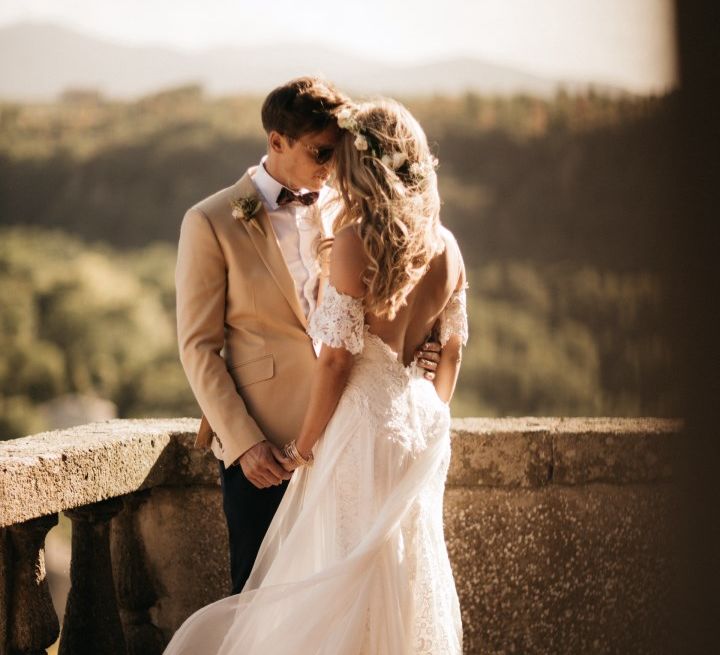 Romantic Outdoor Destination Wedding Umbria With White Linen, Foliage And Gold Accents With Bride In Bespoke Lace Dress And Images From Andrea & Federica