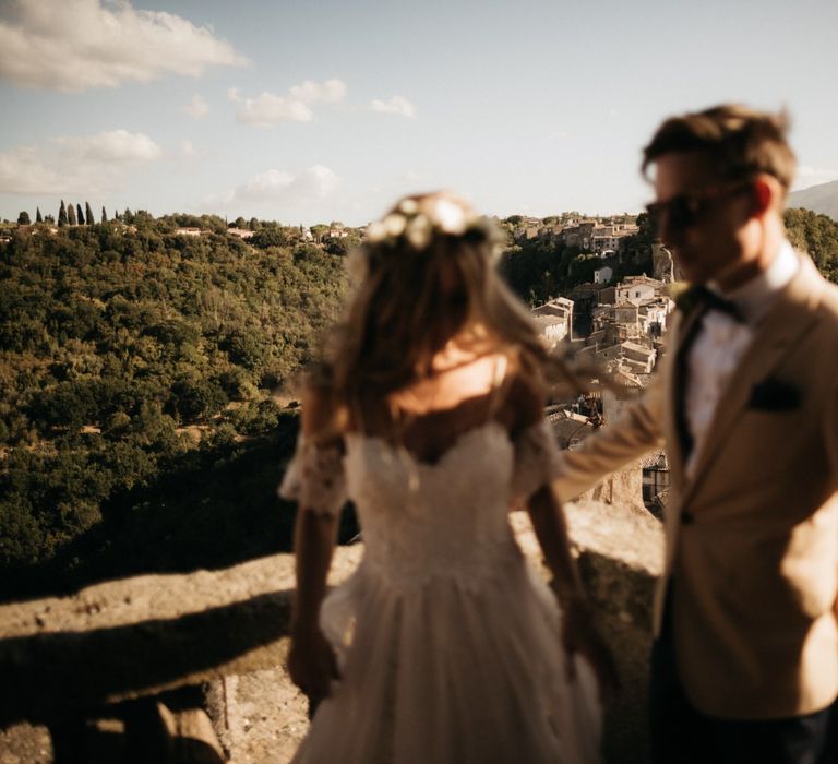 Romantic Outdoor Destination Wedding Umbria With White Linen, Foliage And Gold Accents With Bride In Bespoke Lace Dress And Images From Andrea & Federica