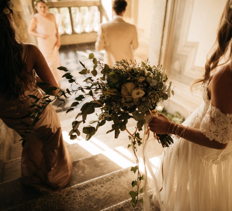 Romantic Outdoor Destination Wedding Umbria With White Linen, Foliage And Gold Accents With Bride In Bespoke Lace Dress And Images From Andrea & Federica