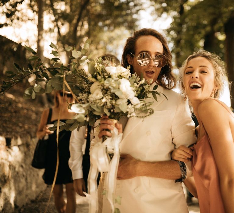 Romantic Outdoor Destination Wedding Umbria With White Linen, Foliage And Gold Accents With Bride In Bespoke Lace Dress And Images From Andrea & Federica