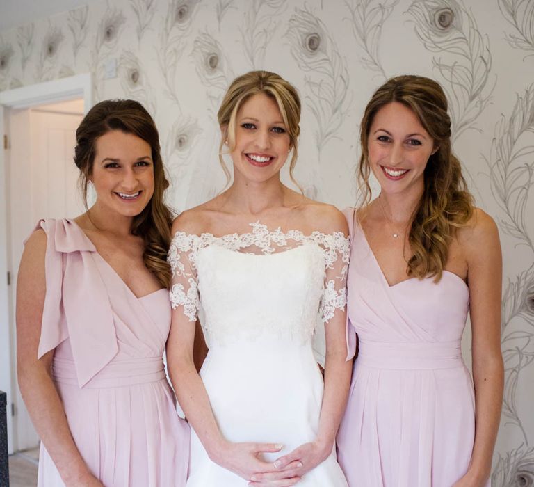 Bridesmaids in One Shoulder Pink Maids to Measure Dresses | Bride in Sassi Holford Grace Wedding Dress | Blink Photography