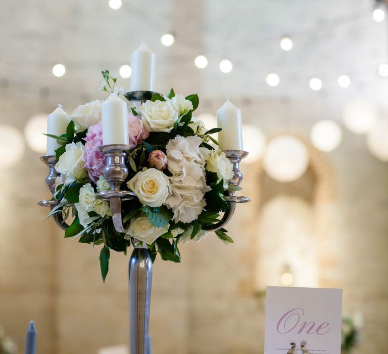 Floral Centrepiece | Classic Pink Wedding at The Tithe Barn in Hampshire | Blink Photography