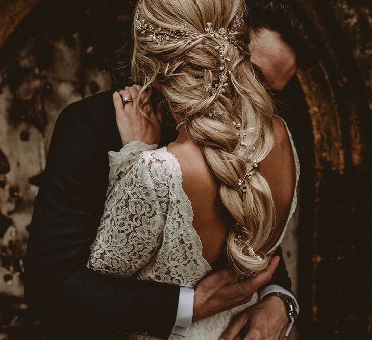 Elegant White Wedding In Somerset With Bride In Lace Long Sleeved Gown With Open Back And Loose Braid With Hair Vine Images From Carla Blain Photography