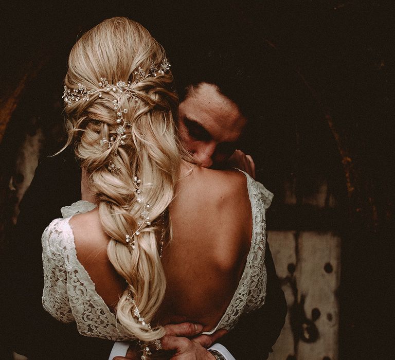 Elegant White Wedding In Somerset With Bride In Lace Long Sleeved Gown With Open Back And Loose Braid With Hair Vine Images From Carla Blain Photography