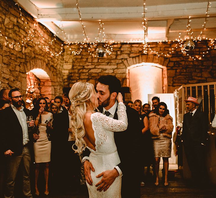 Elegant White Wedding In Somerset With Bride In Lace Long Sleeved Gown With Open Back And Loose Braid With Hair Vine Images From Carla Blain Photography