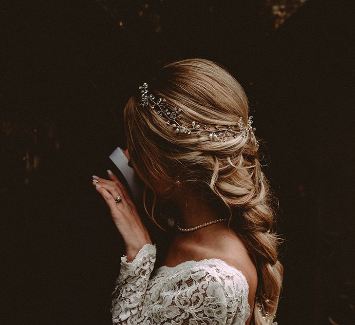 Elegant White Wedding In Somerset With Bride In Lace Long Sleeved Gown With Open Back And Loose Braid With Hair Vine Images From Carla Blain Photography