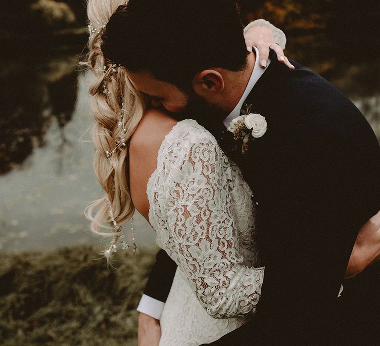 Elegant White Wedding In Somerset With Bride In Lace Long Sleeved Gown With Open Back And Loose Braid With Hair Vine Images From Carla Blain Photography