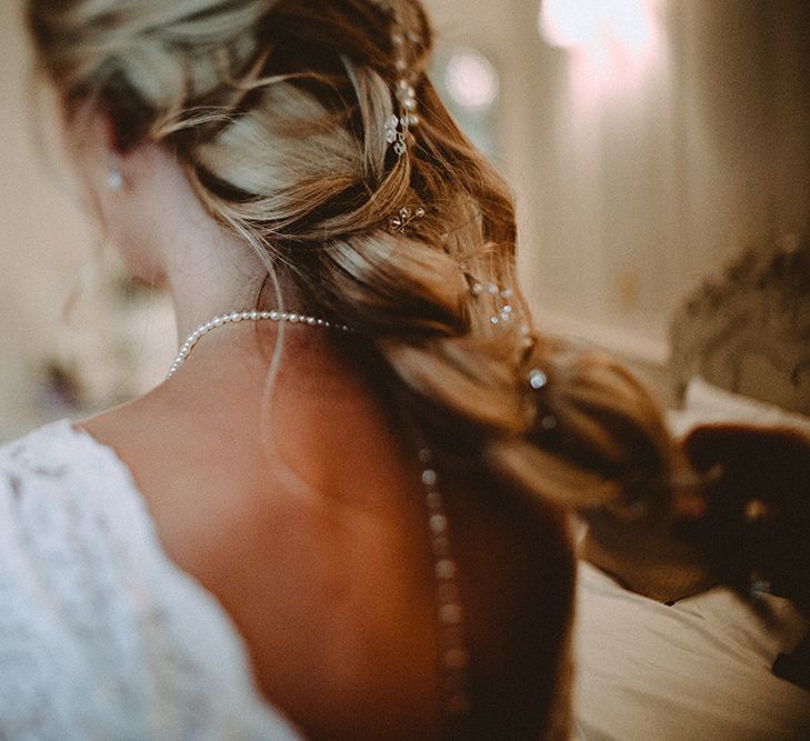 Loose Braid With Hair Vine // Elegant White Wedding In Somerset With Bride In Lace Long Sleeved Gown With Open Back And Loose Braid With Hair Vine Images From Carla Blain Photography