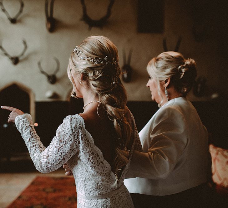 Back Necklace For Wedding Dress With Low Back // Elegant White Wedding In Somerset With Bride In Lace Long Sleeved Gown With Open Back And Loose Braid With Hair Vine Images From Carla Blain Photography