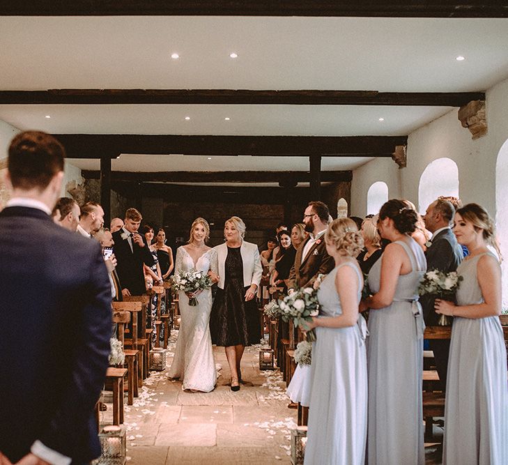 Elegant White Wedding In Somerset With Bride In Lace Long Sleeved Gown With Open Back And Loose Braid With Hair Vine Images From Carla Blain Photography