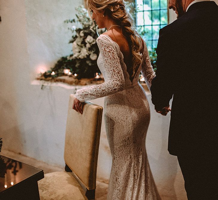 Elegant White Wedding In Somerset With Bride In Lace Long Sleeved Gown With Open Back And Loose Braid With Hair Vine Images From Carla Blain Photography