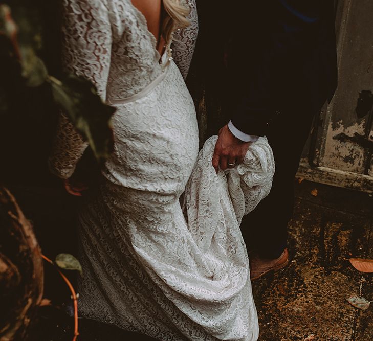 Elegant White Wedding In Somerset With Bride In Lace Long Sleeved Gown With Open Back And Loose Braid With Hair Vine Images From Carla Blain Photography