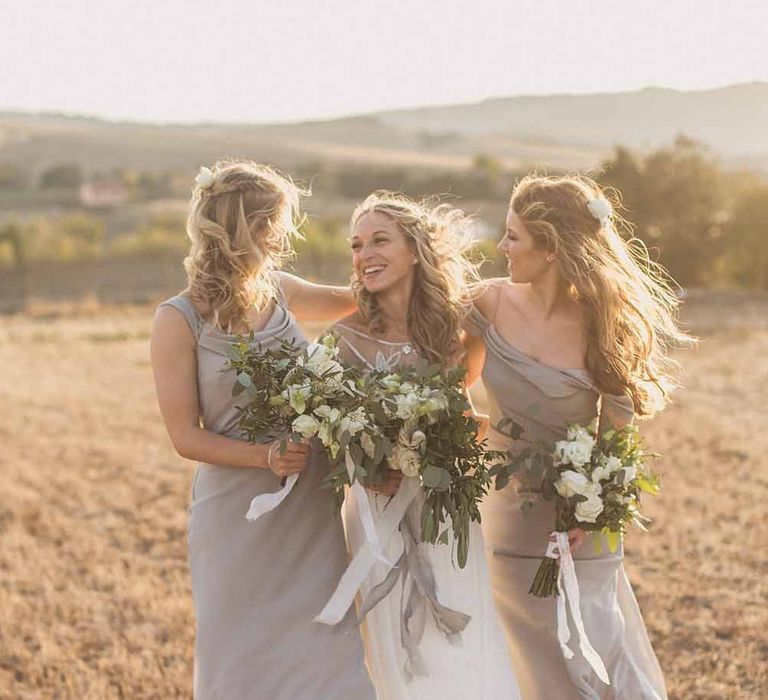 Bridesmaids In Grey Dresses By Jenny Yoo // Rustic Luxe Wedding In Tuscany Styled By The Wedding Of My Dreams With Flowers By Passion For Flowers Anna Campbell Bride Images & Film From WE ARE // THE CLARKES