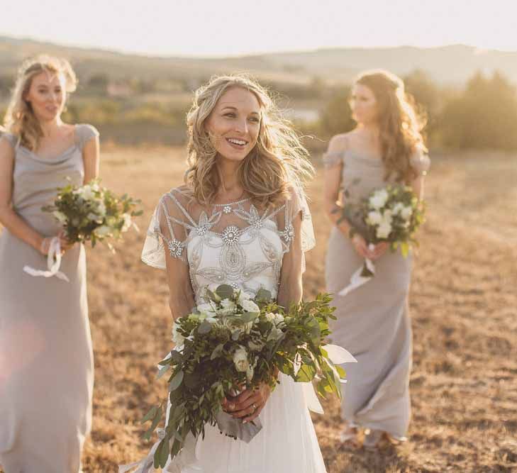 Bridesmaids In Grey Dresses By Jenny Yoo // Rustic Luxe Wedding In Tuscany Styled By The Wedding Of My Dreams With Flowers By Passion For Flowers Anna Campbell Bride Images & Film From WE ARE // THE CLARKES