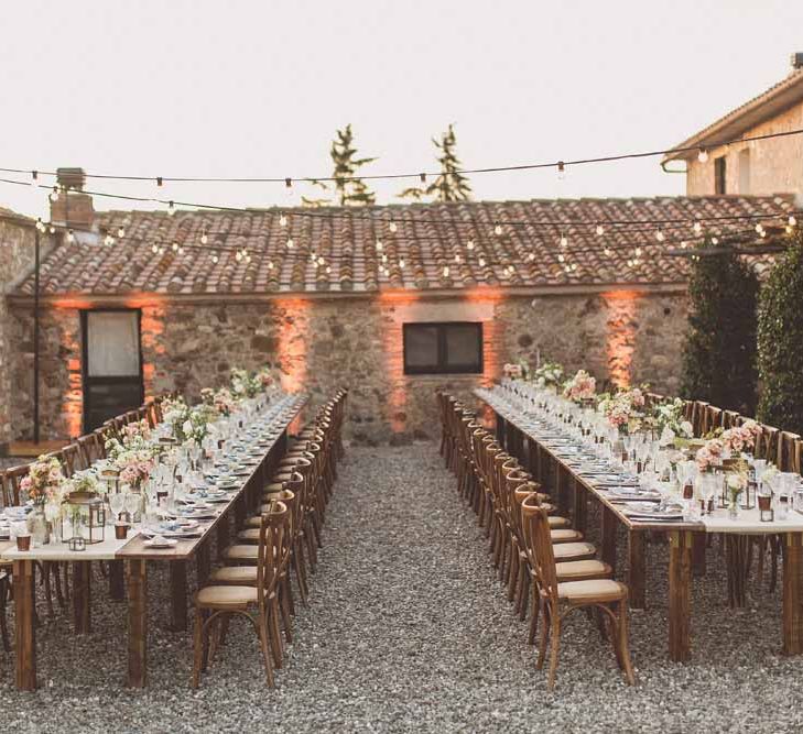 Outdoor Dining At Italian Wedding // Bridesmaids In Grey Dresses By Jenny Yoo // Rustic Luxe Wedding In Tuscany Styled By The Wedding Of My Dreams With Flowers By Passion For Flowers Anna Campbell Bride Images & Film From WE ARE // THE CLARKES