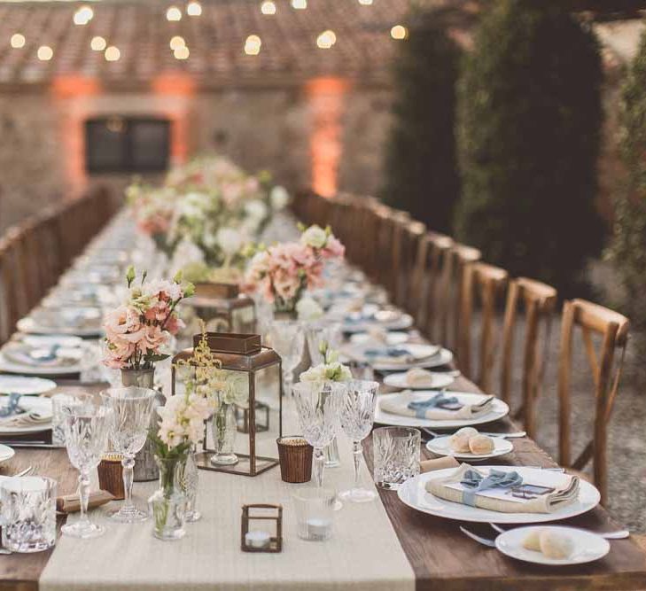 Outdoor Dining At Italian Wedding // Bridesmaids In Grey Dresses By Jenny Yoo // Rustic Luxe Wedding In Tuscany Styled By The Wedding Of My Dreams With Flowers By Passion For Flowers Anna Campbell Bride Images & Film From WE ARE // THE CLARKES