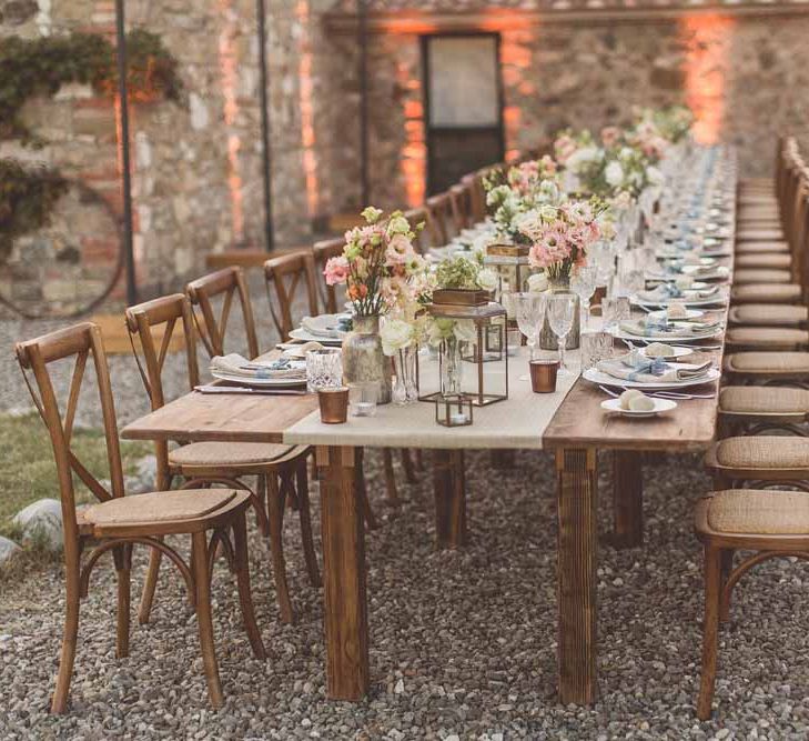 Outdoor Dining At Italian Wedding // Bridesmaids In Grey Dresses By Jenny Yoo // Rustic Luxe Wedding In Tuscany Styled By The Wedding Of My Dreams With Flowers By Passion For Flowers Anna Campbell Bride Images & Film From WE ARE // THE CLARKES