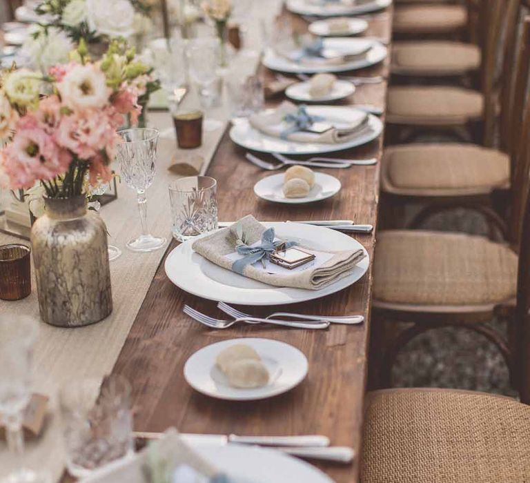 Outdoor Dining At Italian Wedding // Bridesmaids In Grey Dresses By Jenny Yoo // Rustic Luxe Wedding In Tuscany Styled By The Wedding Of My Dreams With Flowers By Passion For Flowers Anna Campbell Bride Images & Film From WE ARE // THE CLARKES