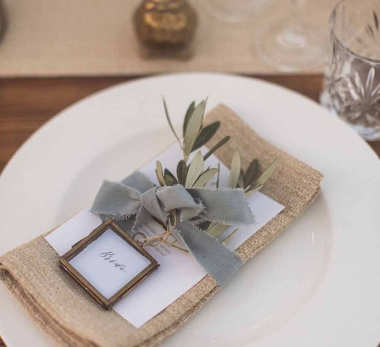 Simple Place Setting With Hessian And Herbs // Outdoor Dining At Italian Wedding // Bridesmaids In Grey Dresses By Jenny Yoo // Rustic Luxe Wedding In Tuscany Styled By The Wedding Of My Dreams With Flowers By Passion For Flowers Anna Campbell Bride Images & Film From WE ARE // THE CLARKES