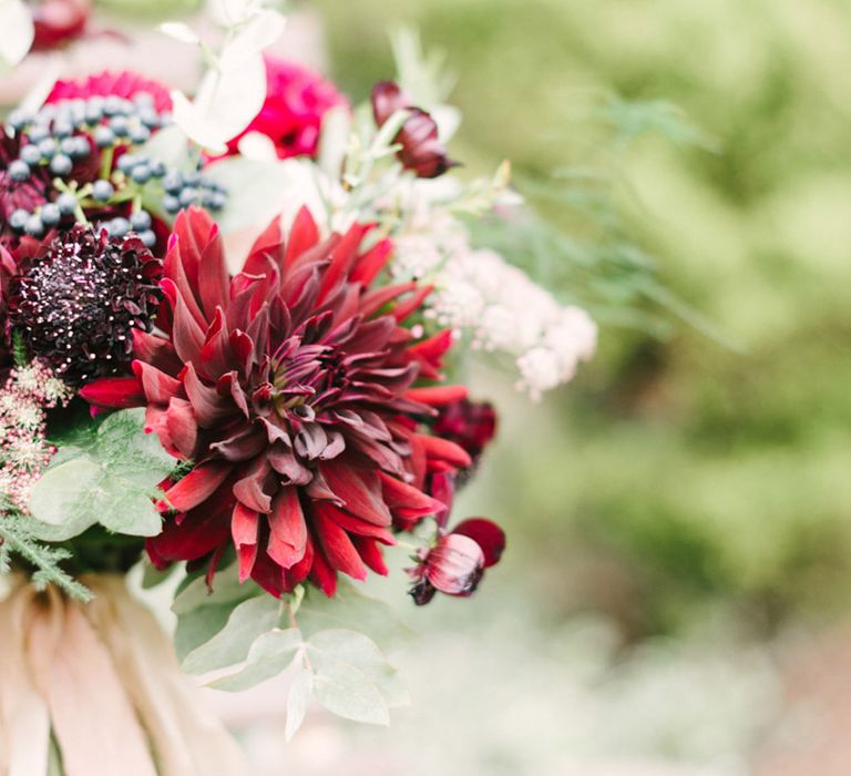 Red & Plum Dahlia Wedding Bouquet Image by Hannah Duffy Photography