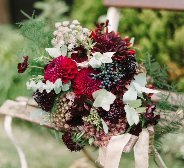 Red & Plum Dahlia Wedding Bouquet Image by Hannah Duffy Photography