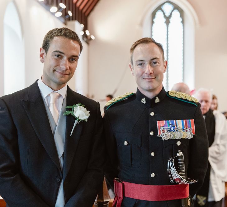 Groom in Military Uniform at the Church Altar Bride Getting Ready in Naam Anat Bridal Gown | Natalie J Weddings Photography