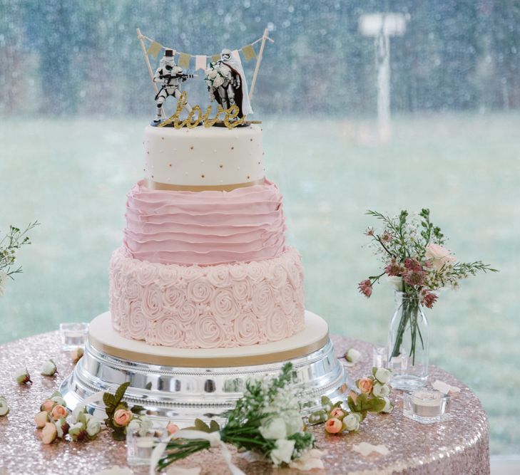 Pink Wedding Cake with Star Wars Cake Toppers | Pastel Pink Marquee Wedding | Natalie J Weddings Photography