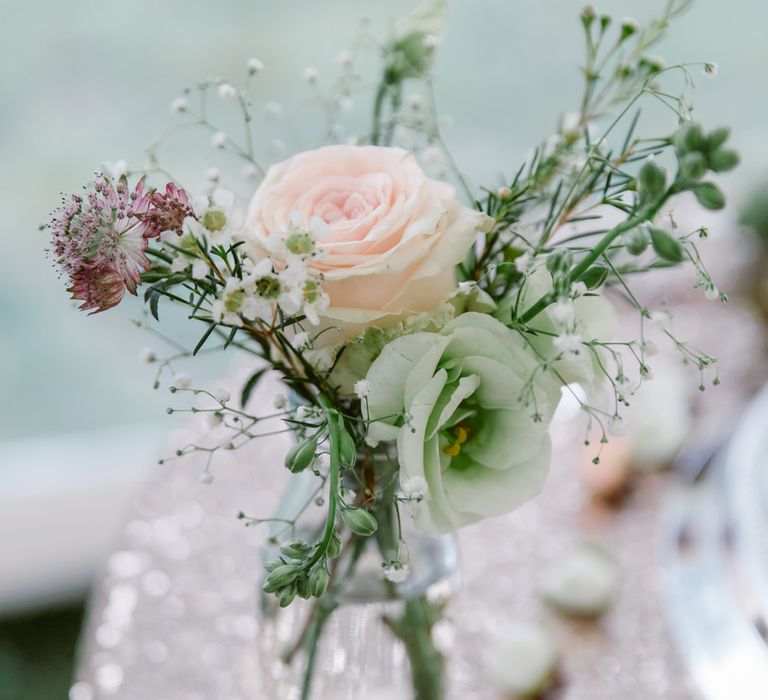 Flower Stems in Milk Bottles | Wedding Decor | Pastel Pink Marquee Wedding | Natalie J Weddings Photography