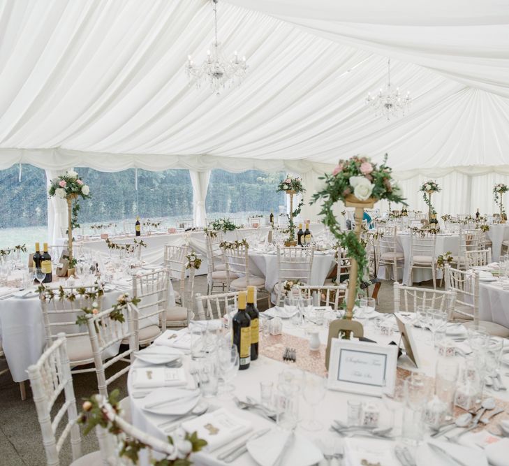 Tall Table Centrepieces | Pastel Pink Marquee Wedding | Natalie J Weddings Photography