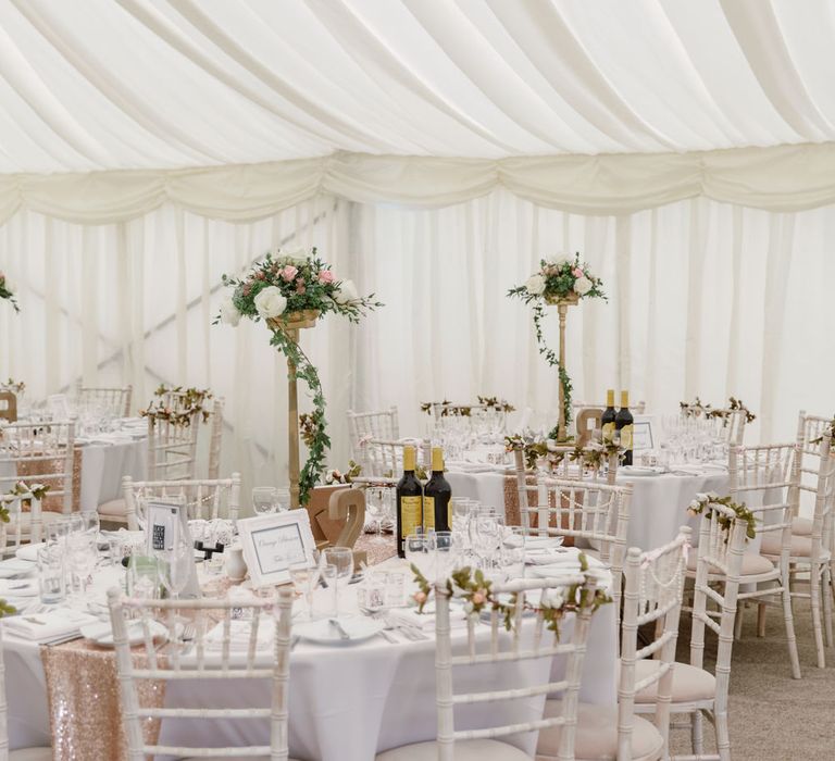 Tall Table Centrepieces | Pastel Pink Marquee Wedding | Natalie J Weddings Photography