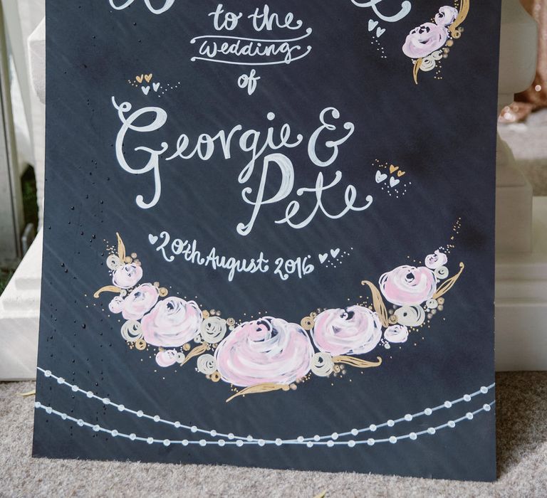 Chalkboard Wedding Welcome Sign | Wedding Decor | Pastel Pink Marquee Wedding | Natalie J Weddings Photography