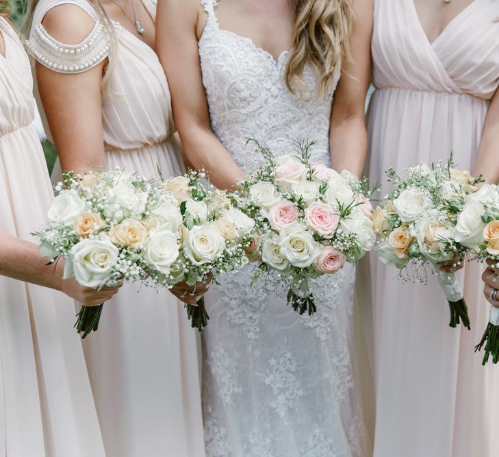 Pink & White Rose Bouquets | Bride in Lace Naam Anat Bridal Gown | Bridesmaids Blush Pink ASOS Dresses | Natalie J Weddings Photography