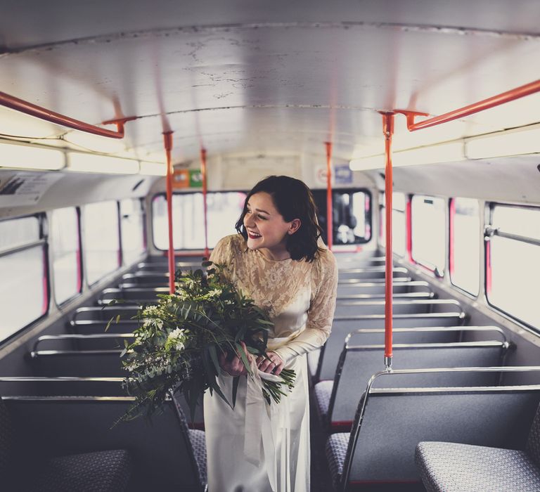 Bride in Story of My Dress Bridal Gown | Greenery Bouquet | Vintage Wedding at The Asylum & Town hall Hotel London | Kevin Fern Photography